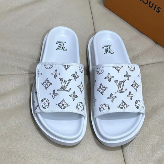 LV Monogram Velcro Slippers In White