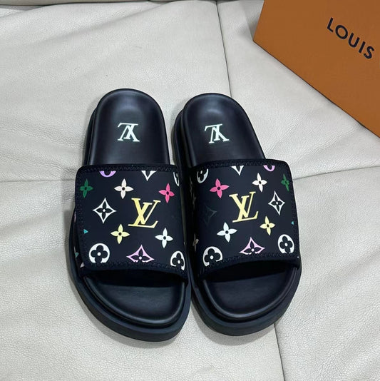 LV Monogram Velcro Slippers In Black