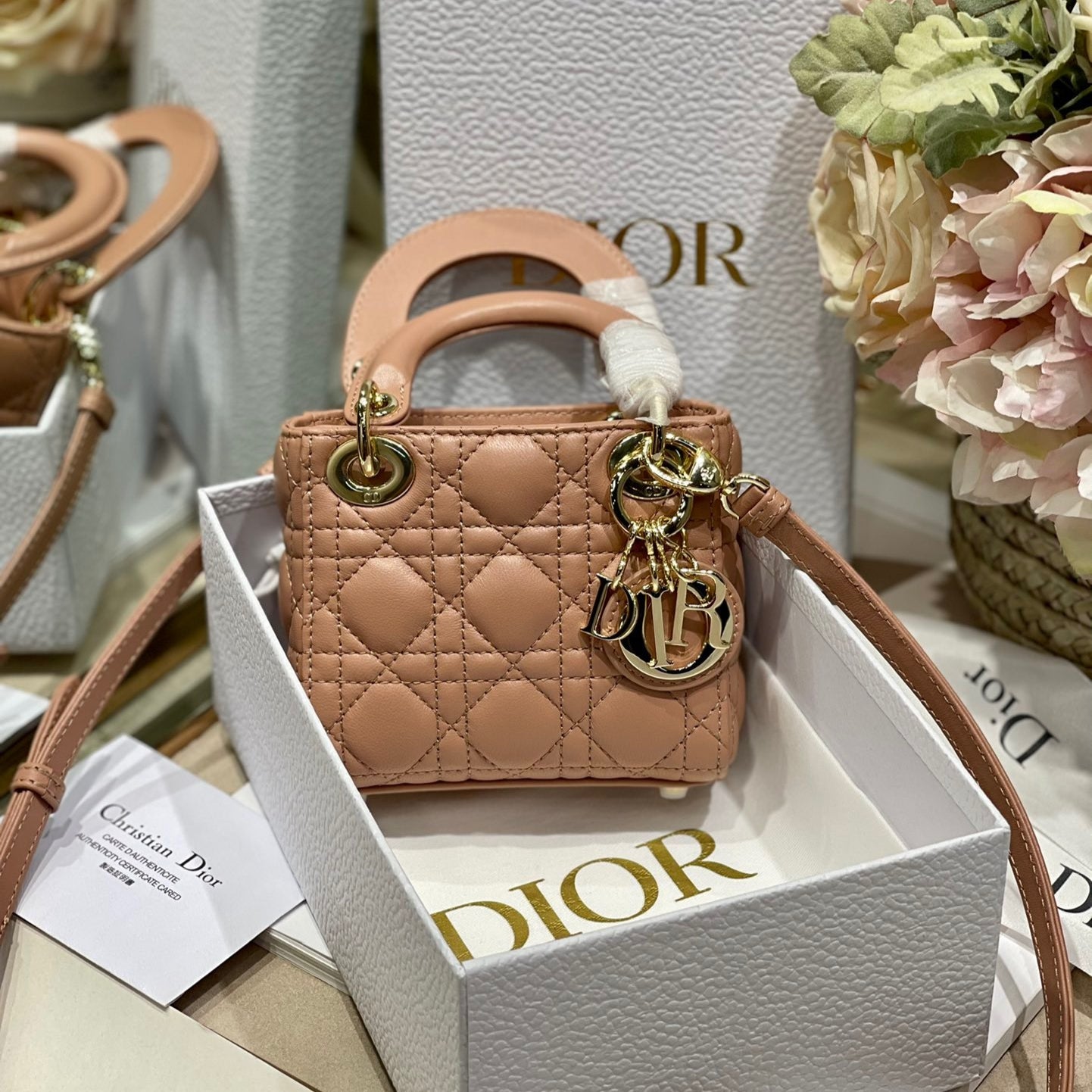 Dior Lady Dior Micro Bag In Nude Cannage Calfskin