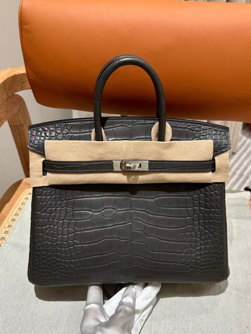 Hermes Birkin 25 Matte Mississippiensis Alligator Leather Noir With Silver Hardware