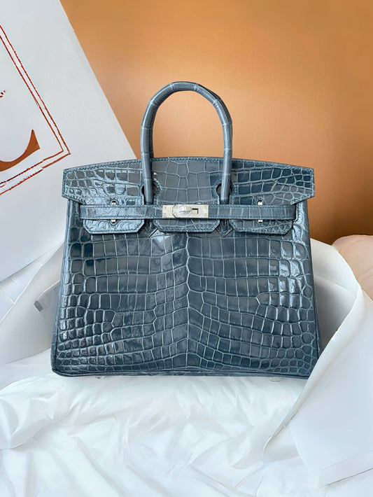 Hermes Birkin 25cm Shiny Crocodile Blue Jean