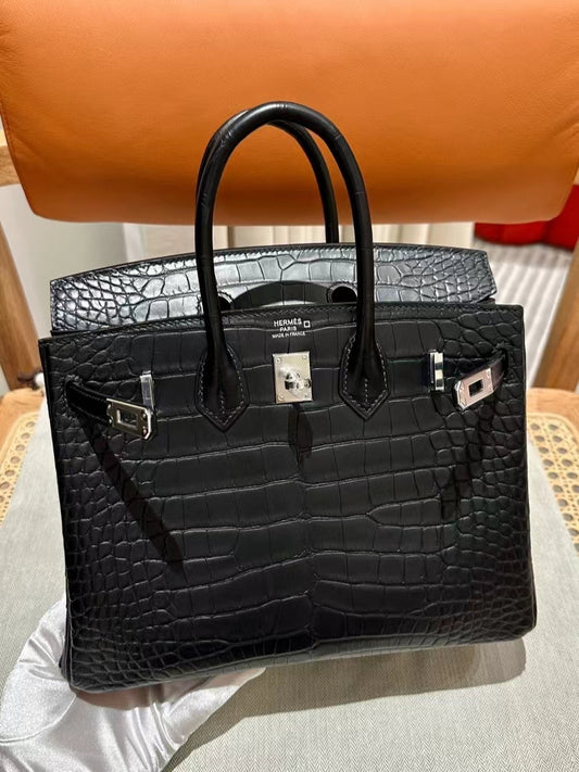 Hermes 25cm Birkin Vert Comic Black Crocodile Silver Hardware