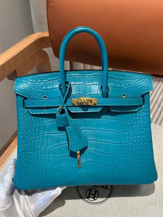 Hermes 25cm Birkin Vert Comic Blue Crocodile Palladium Hardware