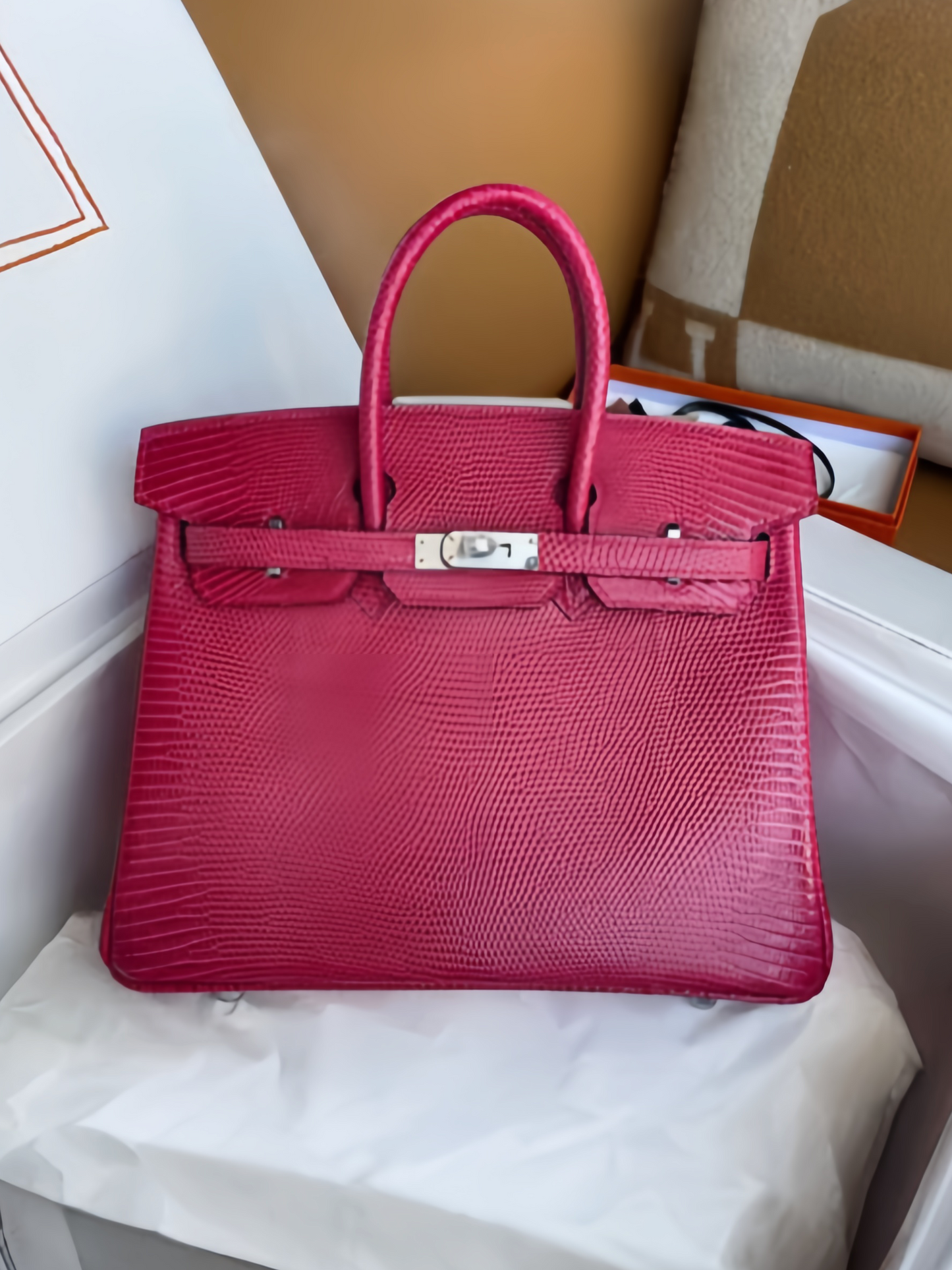 Hermes Birkin 25cm Flag Red Lizard Skin With Silver Hardware