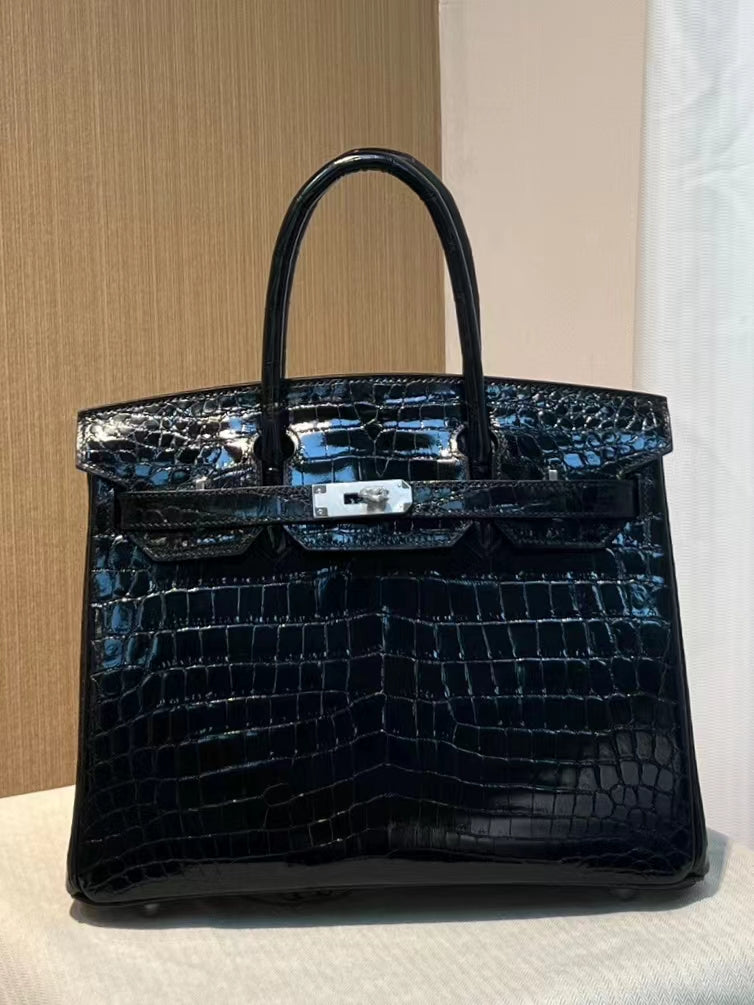 Hermes Birkin 30 Black Shiny Crocodile Leather Bag