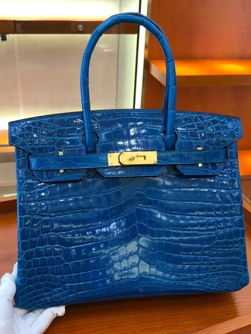 Hermes Birkin 30 Dark Blue Shiny Crocodile Leather Bag