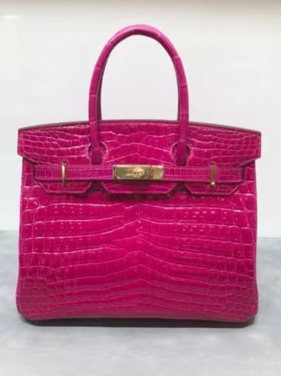 Hermes Birkin 30 Rose Red Shiny Crocodile Leather Bag