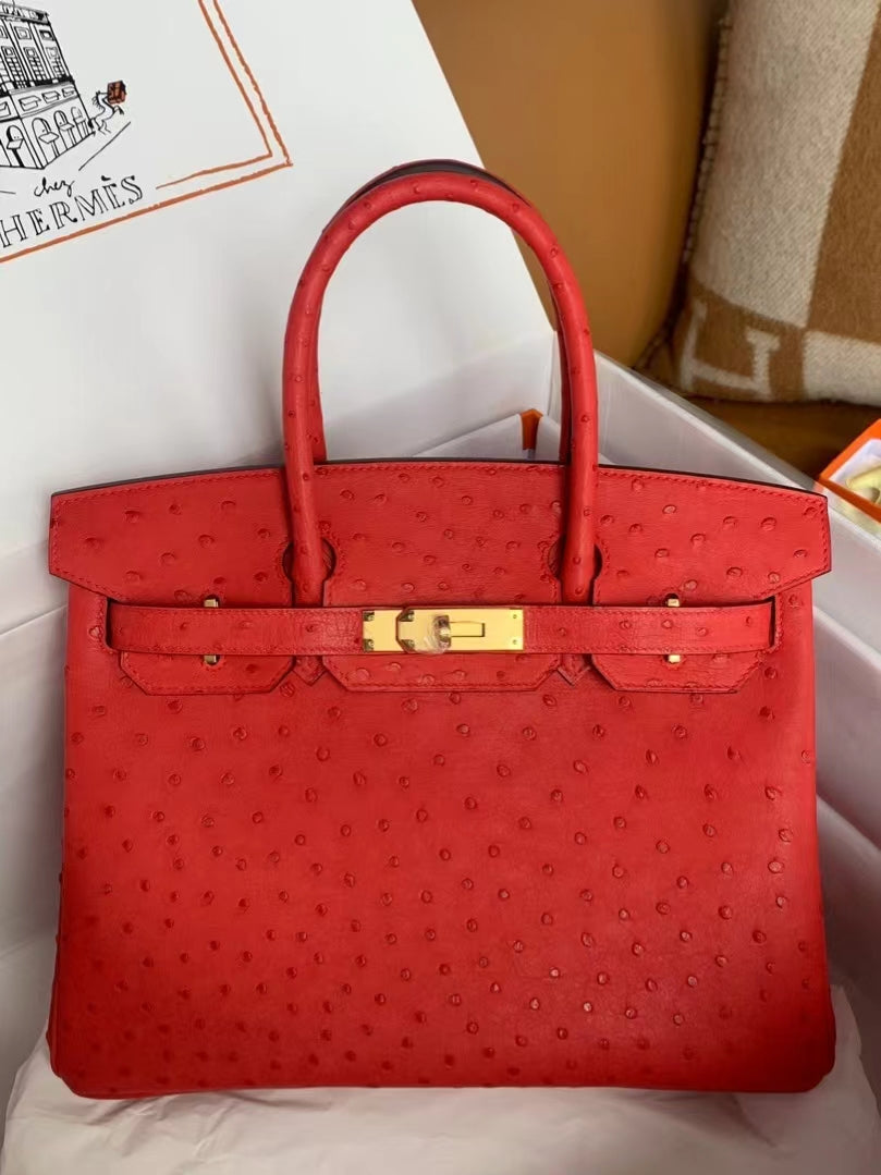 Hermes Birkin 30 Ostrich Leather Red With Gold Hardware (GHW)