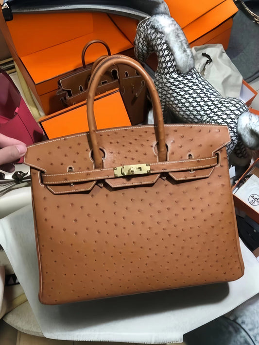 Hermes Ostrich Birkin 35 In Brown With Gold Hardware