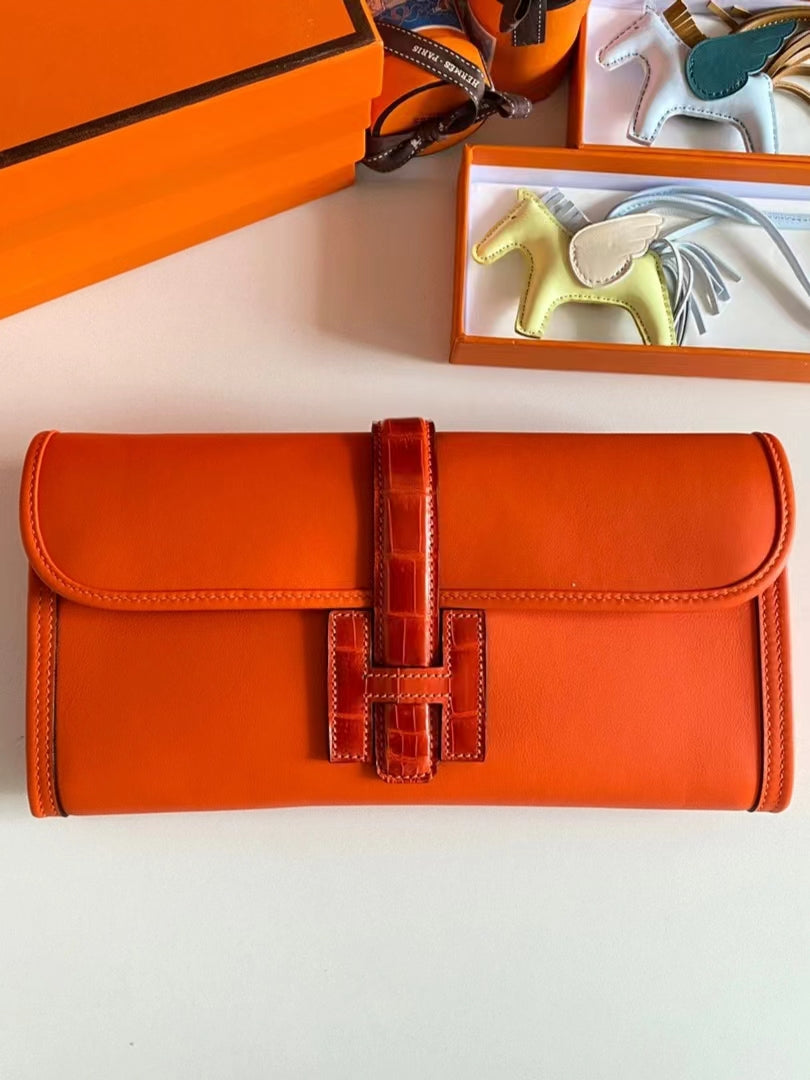 Hermes Orange Jige Elan Crocodile Leather Clutch Swift 29