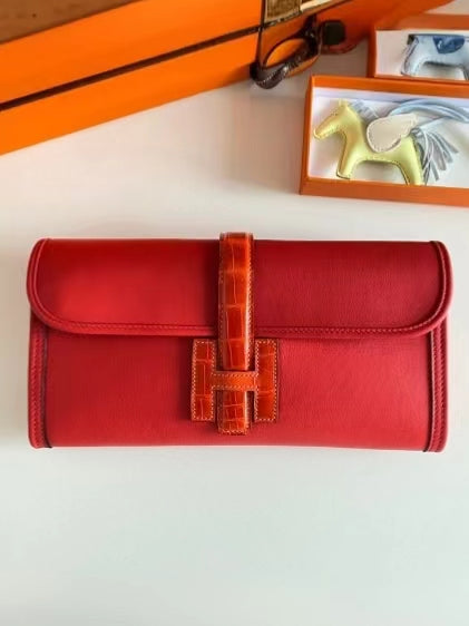 Hermes Red Jige Elan Crocodile Leather Clutch Swift 29