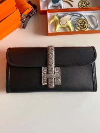 Hermes Black Jige Elan Lizard Touch 29 Clutch