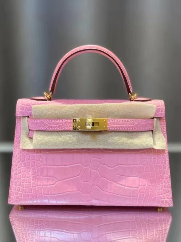 Hermes Bubblegum Pink Crocodile Mini Kelly II 20 cm