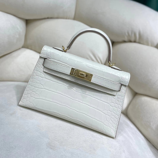 Hermes White Crocodile Mini Kelly II 20 cm With Gold Hardware