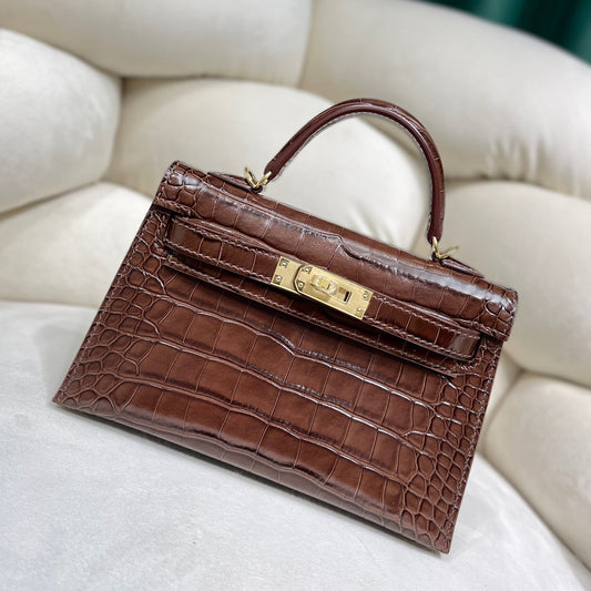 Hermes Brown Crocodile Mini Kelly II 20 cm