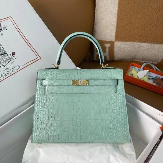 Hermes Kelly 25 Crocodile Leather Mint Green With Gold Hardware