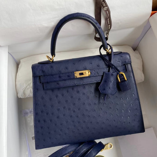 Hermes Kelly 25 Ostrich Leather Dark Blue With Gold Hardware