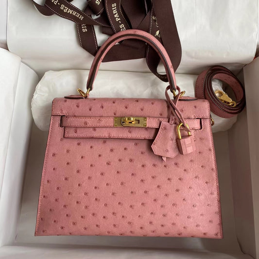 Hermes Kelly 25 Ostrich Leather Pink With Gold Hardware