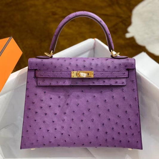 Hermes Kelly 25 Ostrich Leather Purple With Gold Hardware