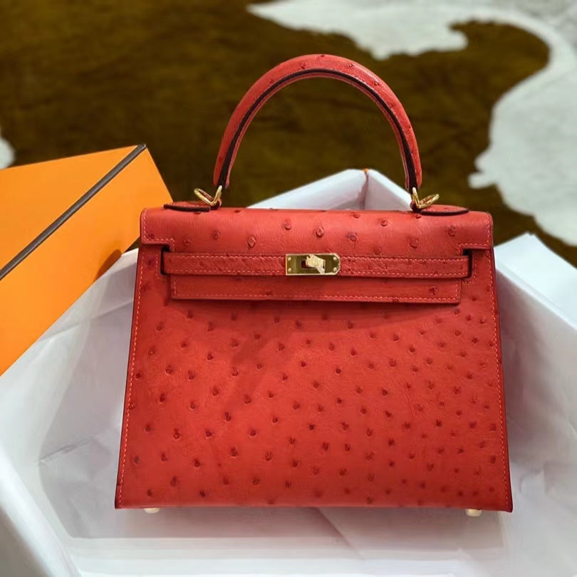 Hermes Kelly 25 Ostrich Leather Red With Gold Hardware