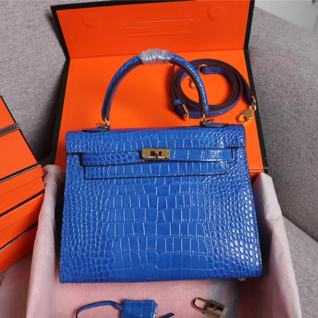 Hermes Kelly 25 Crocodile Leather Blue With Gold Hardware