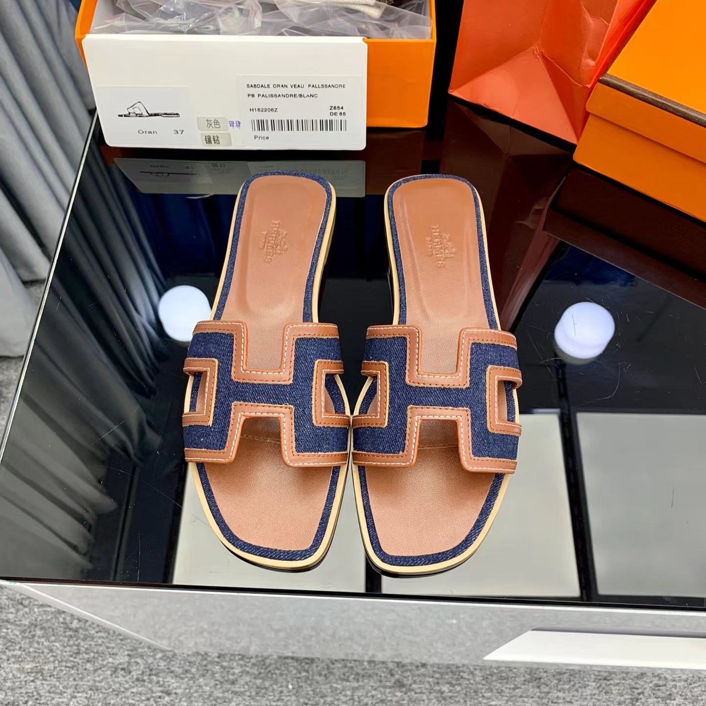 Hermès Oran Sandals Dark Blue Canvas 38.5