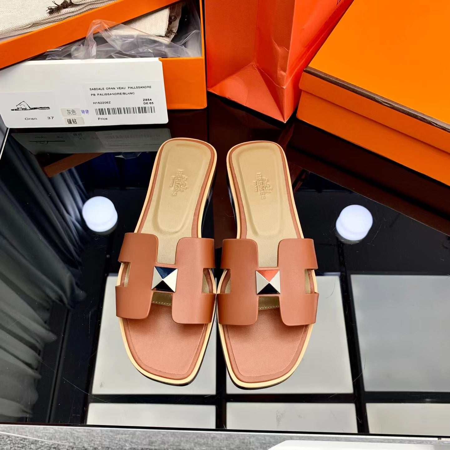 Hermès Oran Sandals Brown Box Calfskin