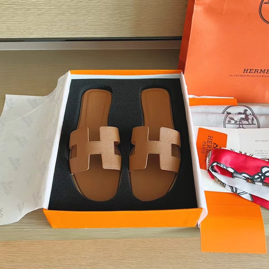 Hermès Oran Sandals Gold Brown Box Calfskin