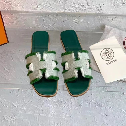 Hermes Oran Green & White Fringe Sandals