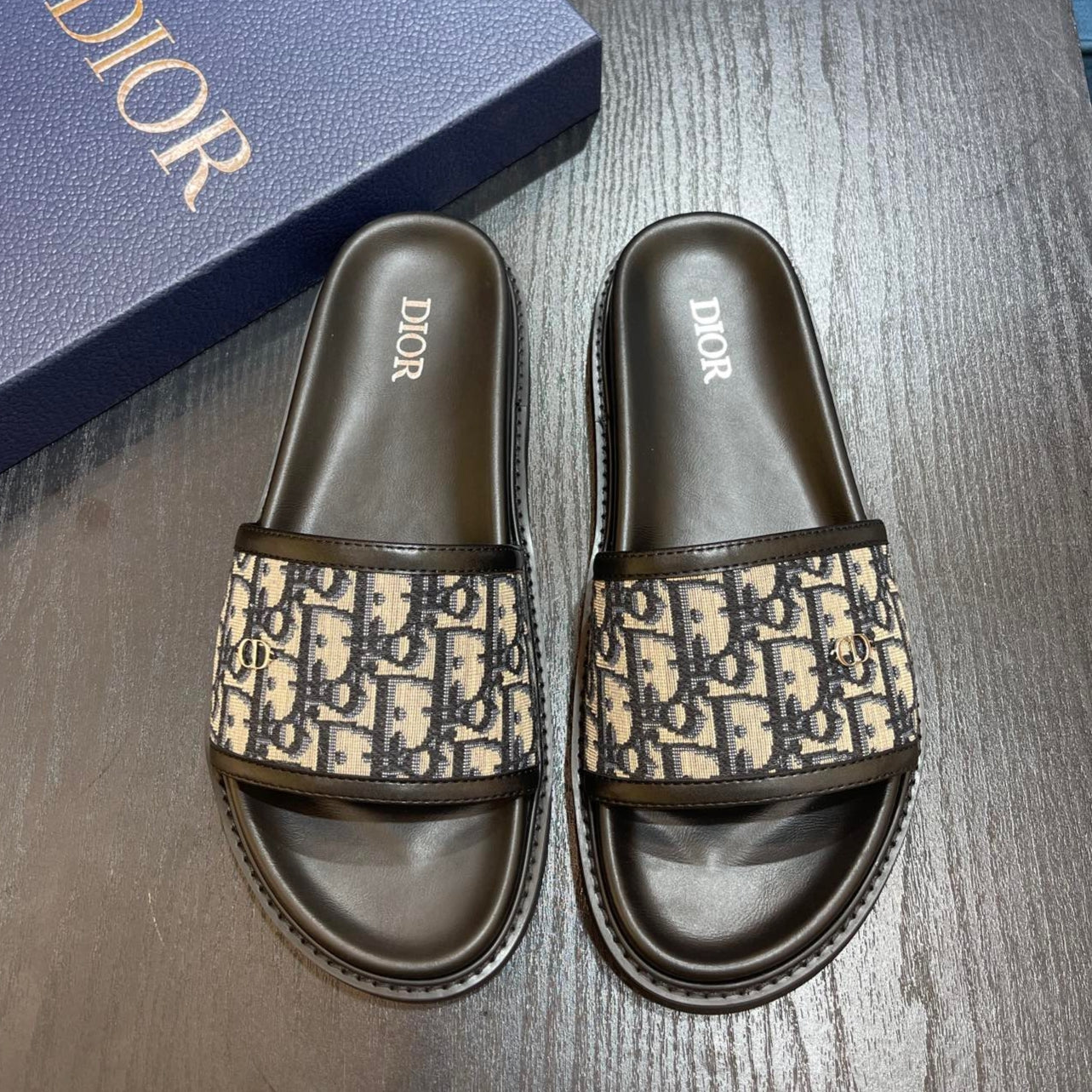 Dior Men's Aqua Oblique Jacquard Canvas Leather Slides