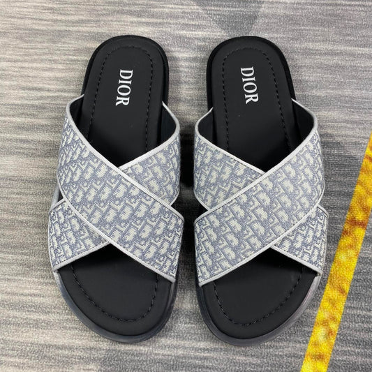 Dior Men's Aqua Gray Oblique Jacquard Canvas Leather Slides