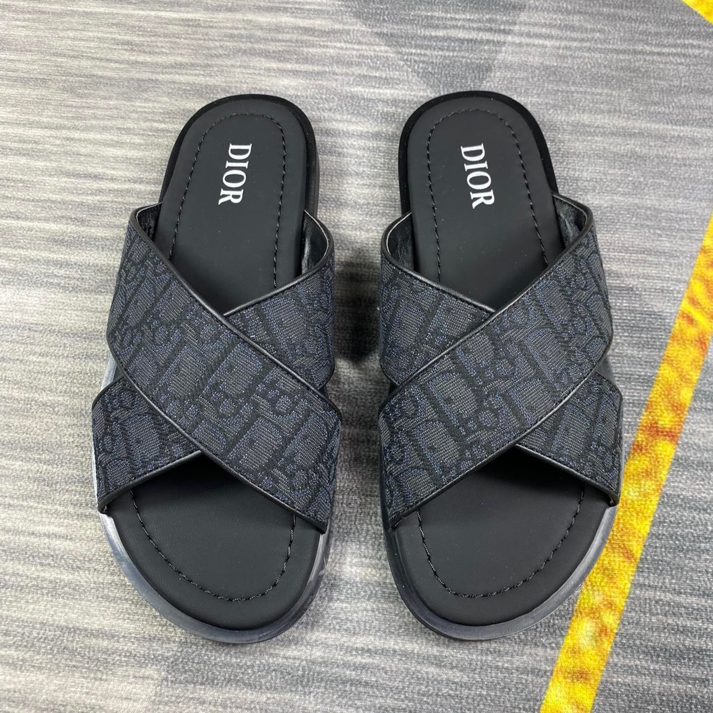 Dior Men's Aqua Black Oblique Jacquard Canvas Leather Slides