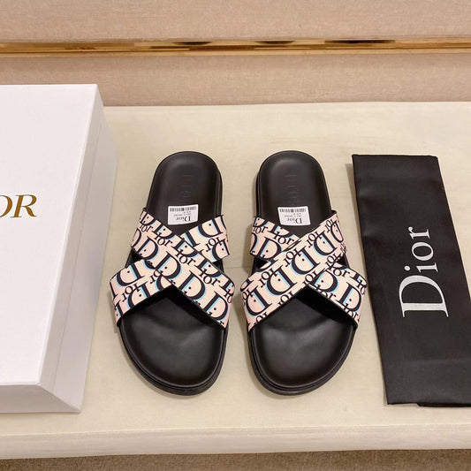 Dior Calfskin Beige Cross Print Men's Slippers