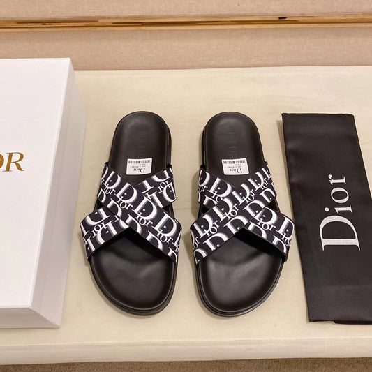 Dior Calfskin Black Cross Print Men's Slippers