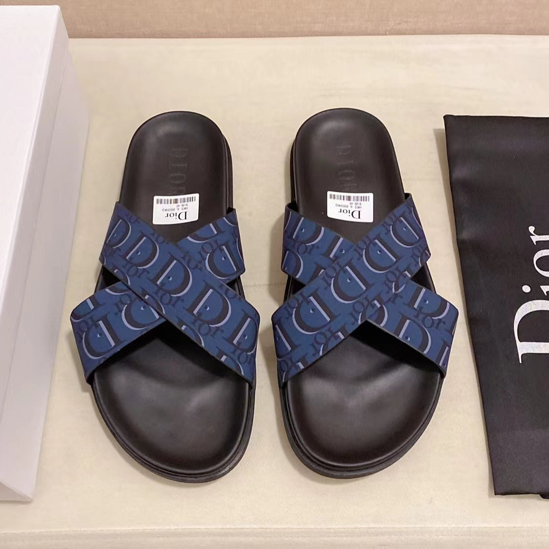 Dior Calfskin Blue Cross Print Men's Slippers