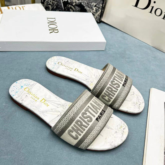 Christian Dior Women's Dway Flat Sandals Embroidered Canvas Gray