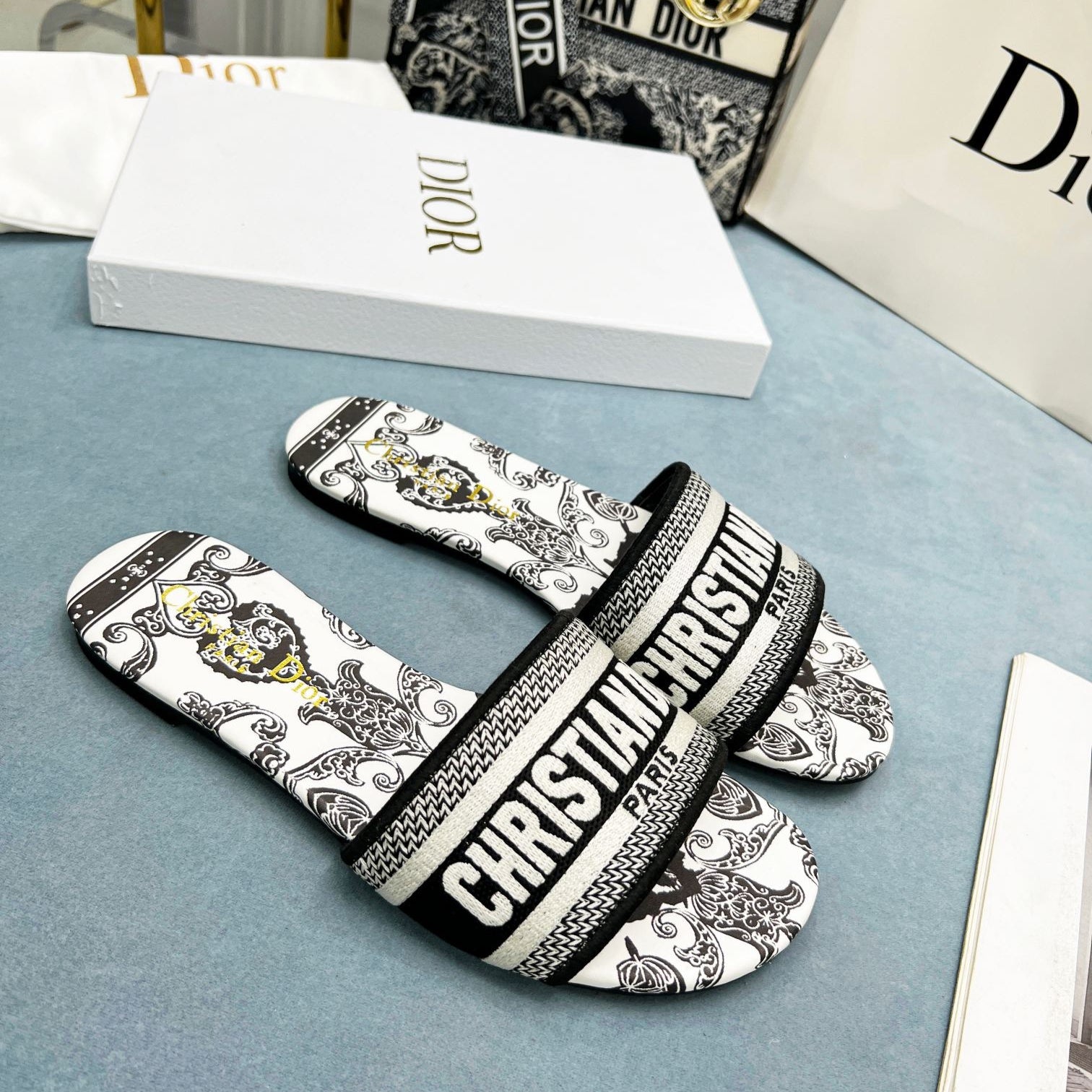 Christian Dior Women s Dway Flat Sandals Embroidered Canvas Black GZ Luxuries