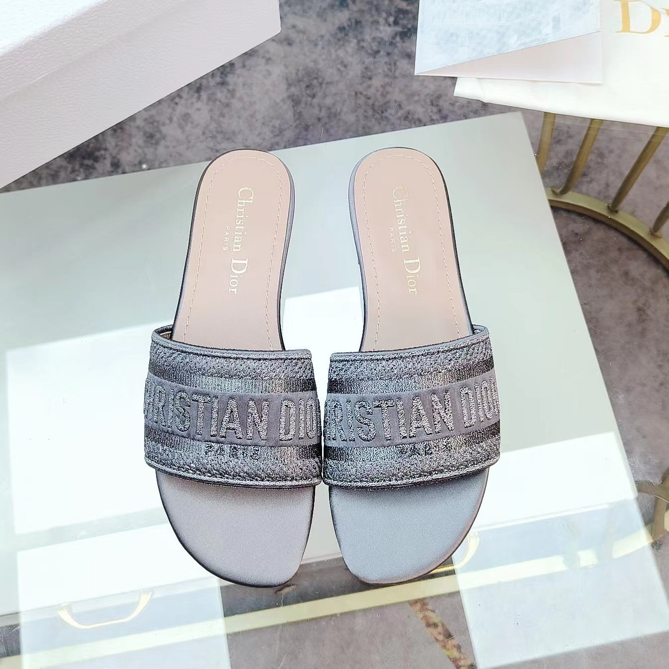 Dior Dway Slide With Blue Metallic Thread And Rhinestones