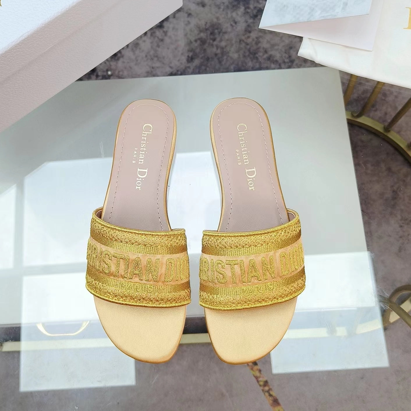 Dior Dway Yellow Embroidered Cotton Logo Slides