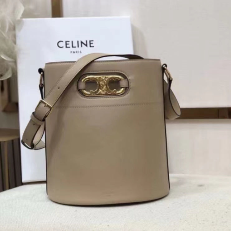 Celine Bucket Maillon Triomphe Bag In Light Brown calfskin Leather