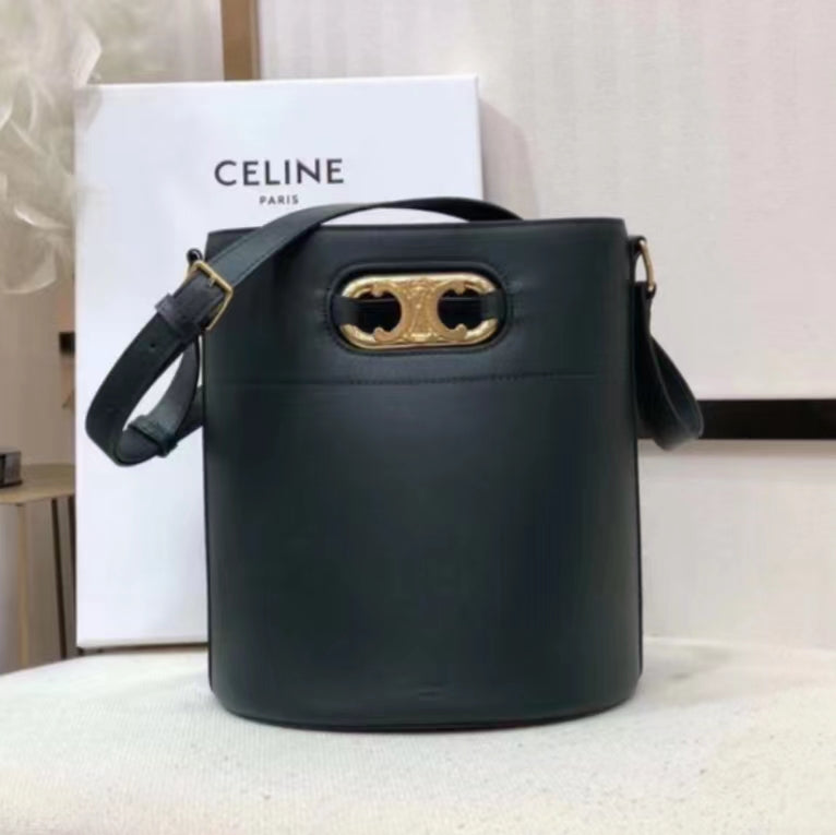 Celine Bucket Maillon Triomphe Bag In Dark Green Calfskin Leather