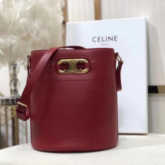 Celine Bucket Maillon Triomphe Bag In Red Calfskin Leather