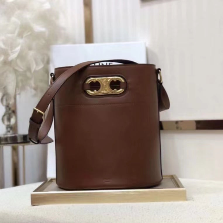 Celine Bucket Maillon Triomphe Bag In Gold Brown calfskin Leather