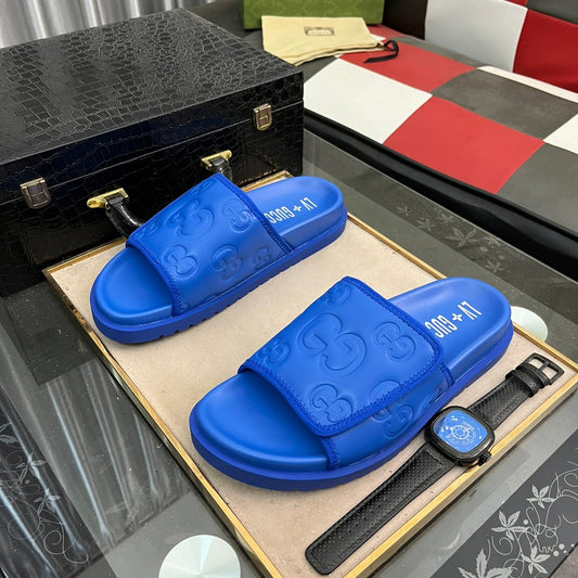 Gucci Navy Blue Velcro Embossed Slides