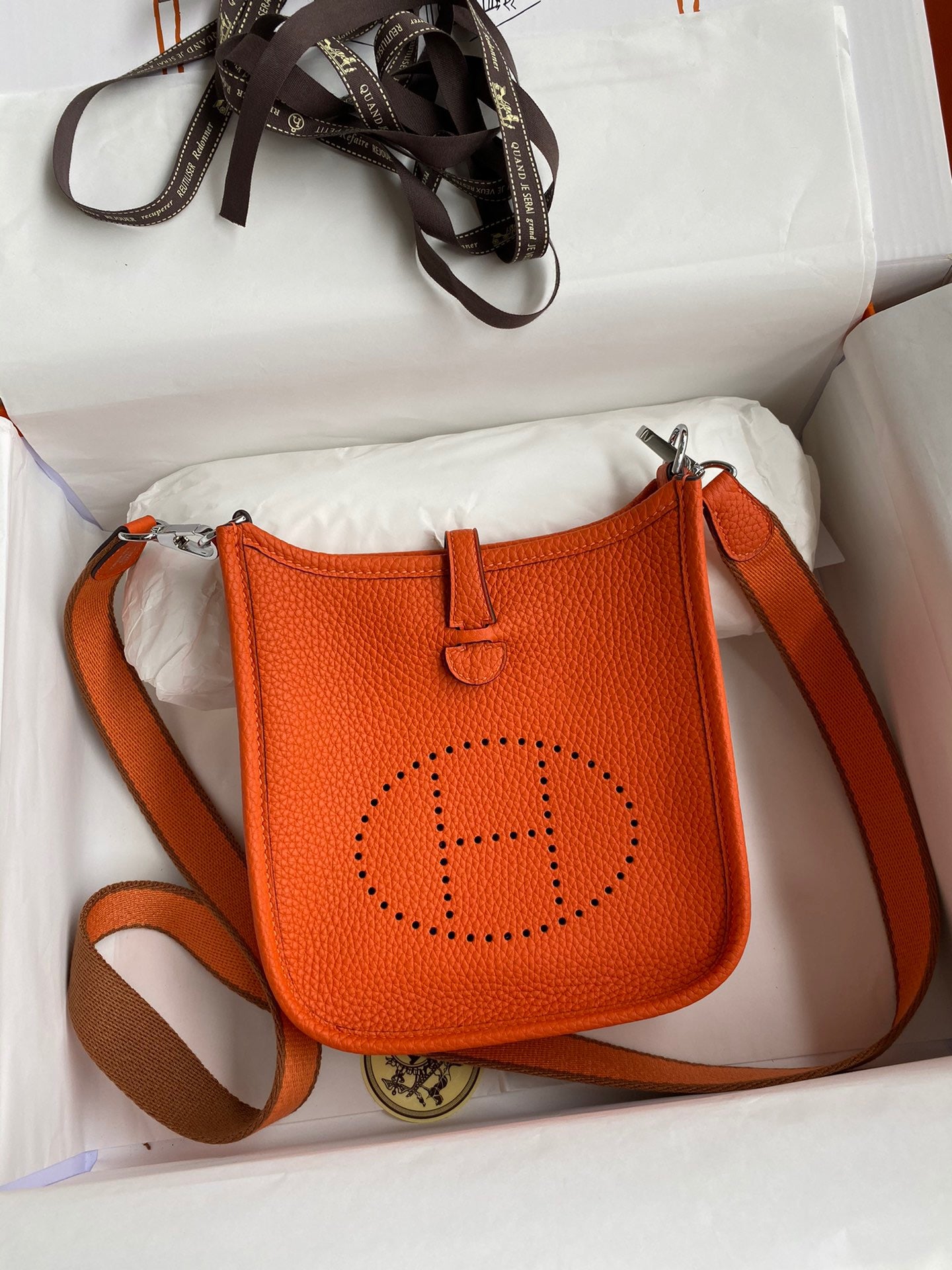 Hermes Evelyne III Mini Bag In Orange Taurillon Clemence  Leather