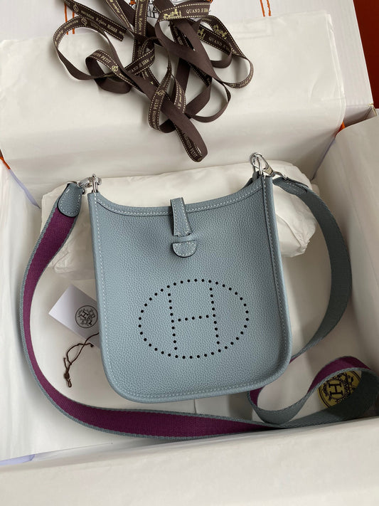 Hermes Evelyne III Mini Bag In Linen Blue Taurillon Clemence  Leather