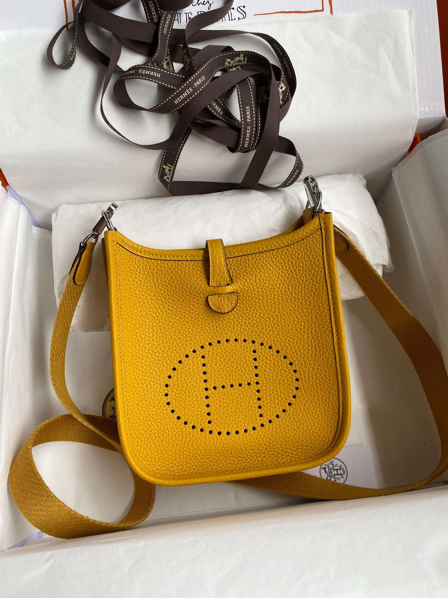 Hermes Evelyne III Mini Bag In Amber Yellow Taurillon Clemence  Leather