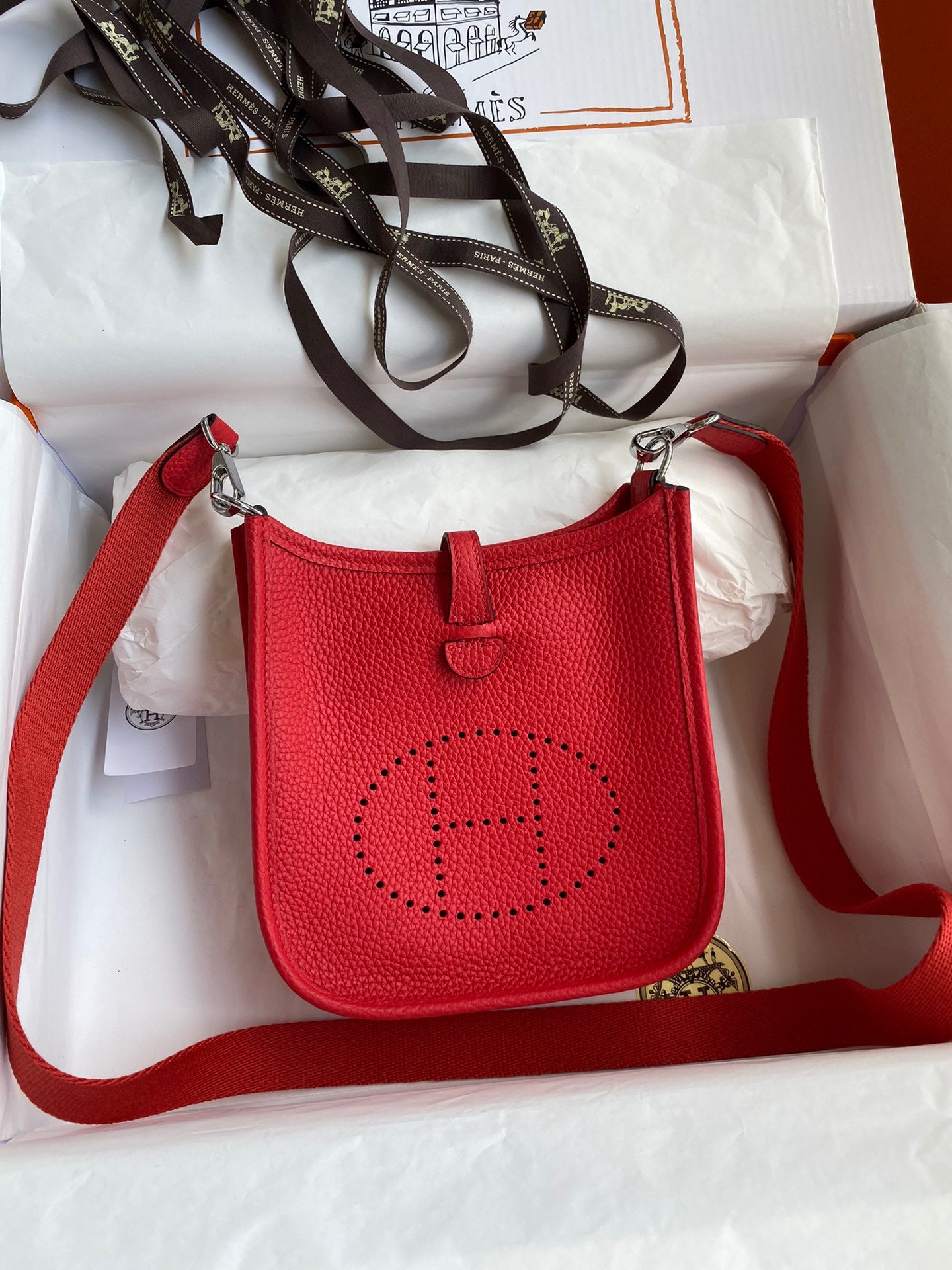 Hermes Evelyne III Mini Bag In Red Taurillon Clemence  Leather