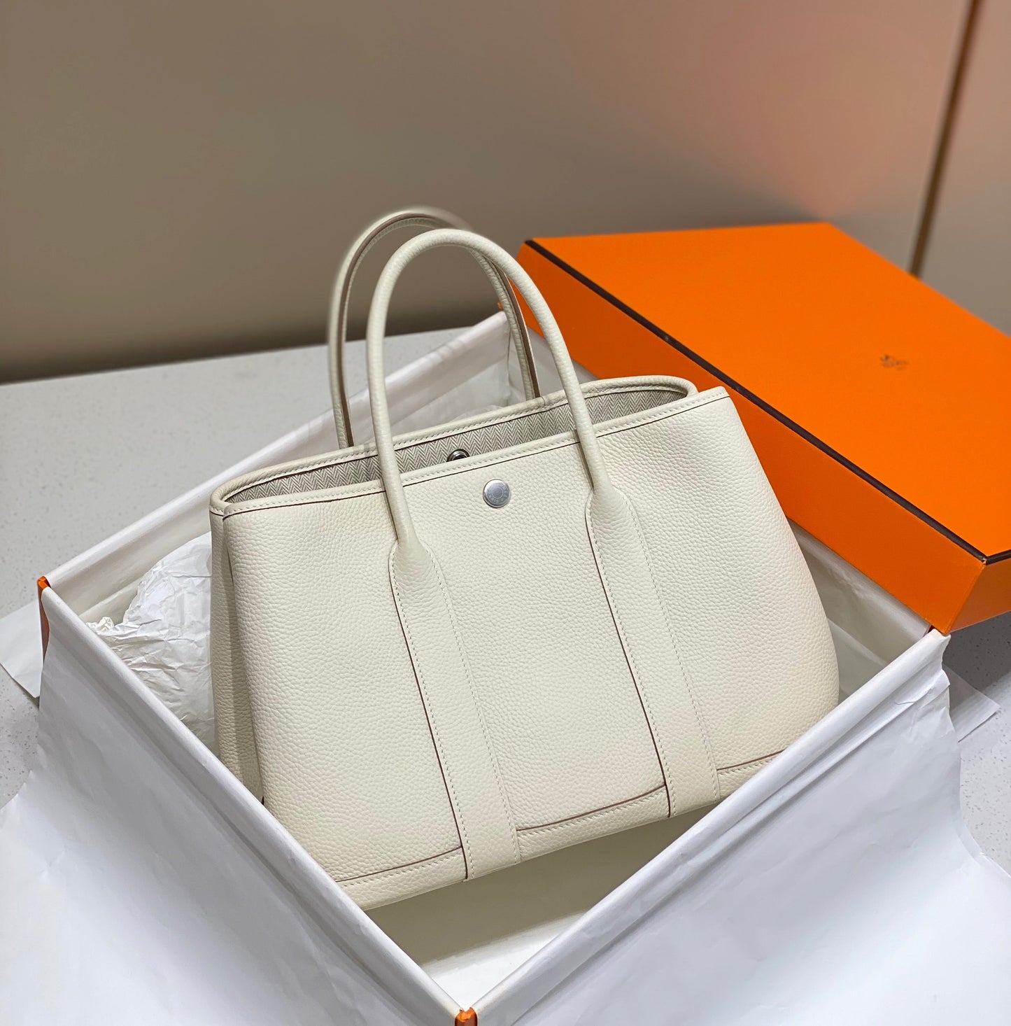 Hermes Garden Party 30 Bag In Craie Taurillon Clemence Leather