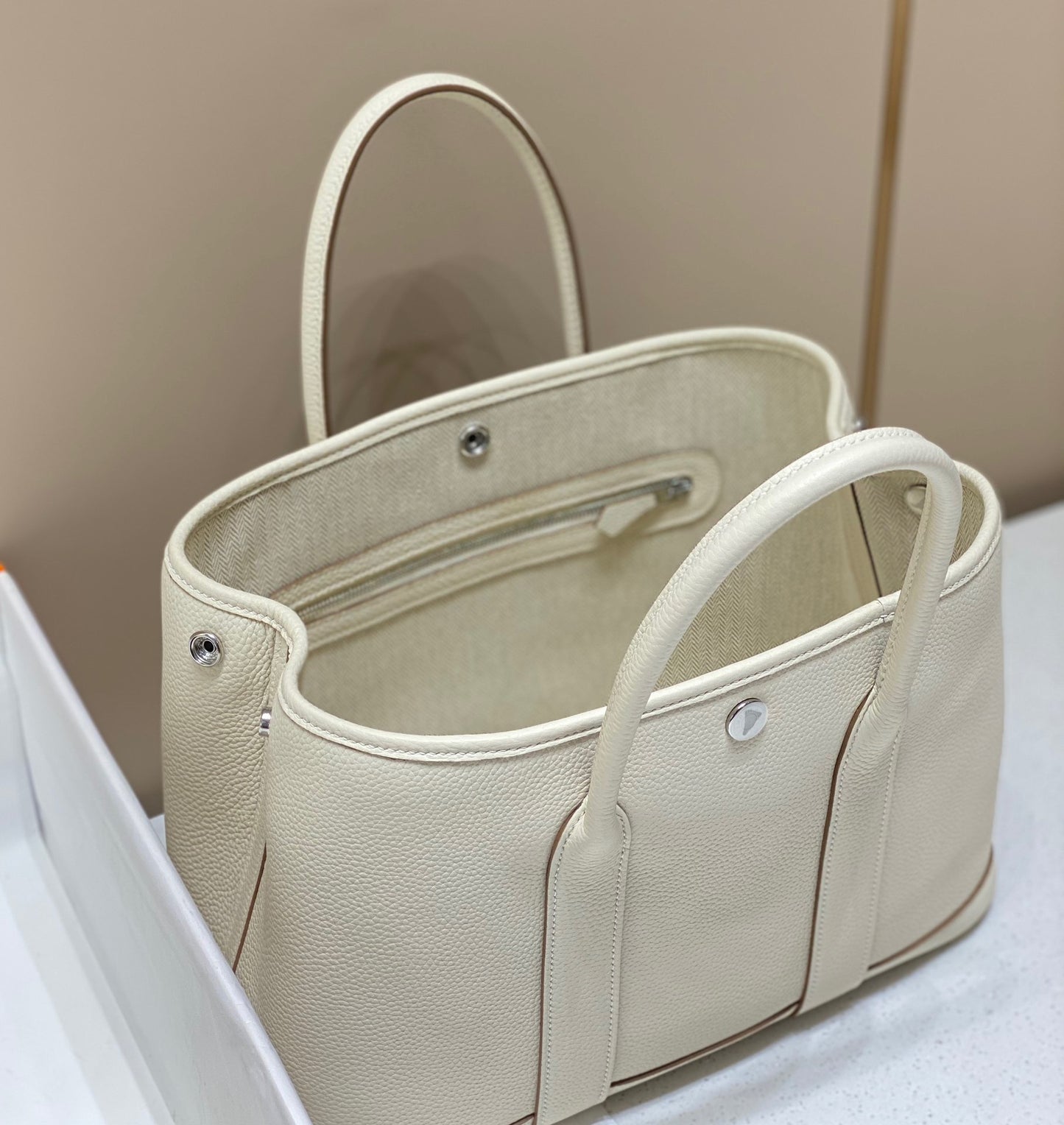 Hermes Garden Party 30 Bag In Craie Taurillon Clemence Leather